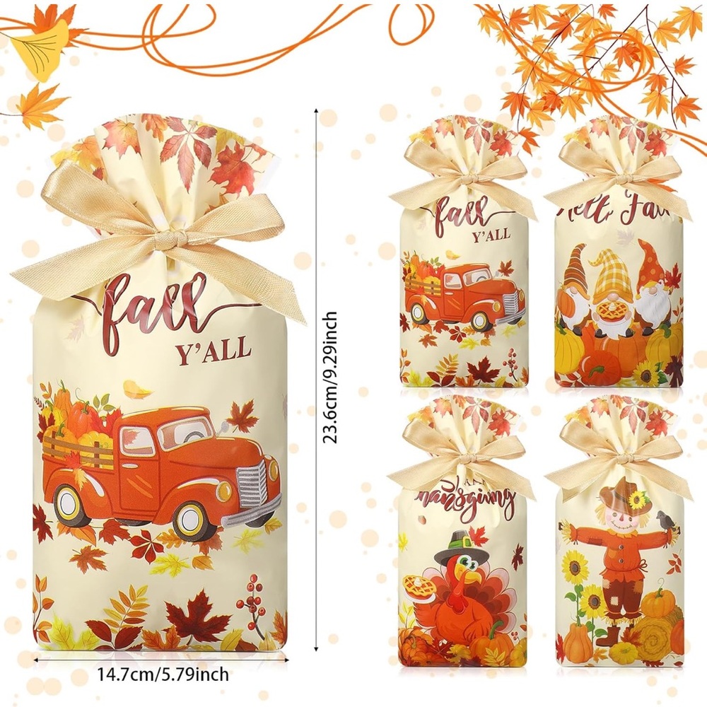 50 Thanksgiving Autumn Party Favor Bags Plastic with Drawstring - Picture 3 of 4